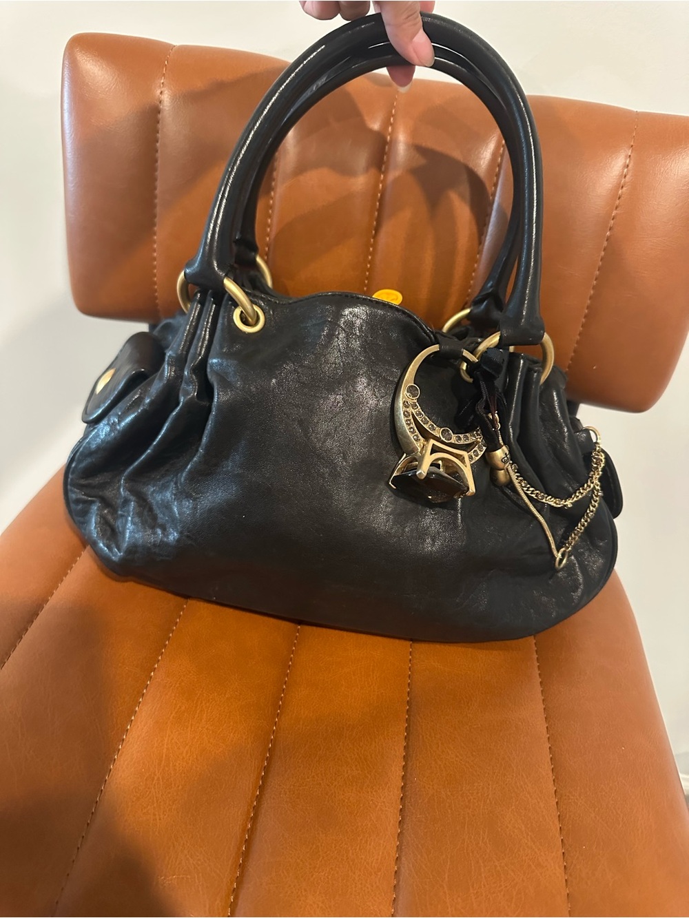 Vintages Black Leather Satchel Handbag with Gold Hardware